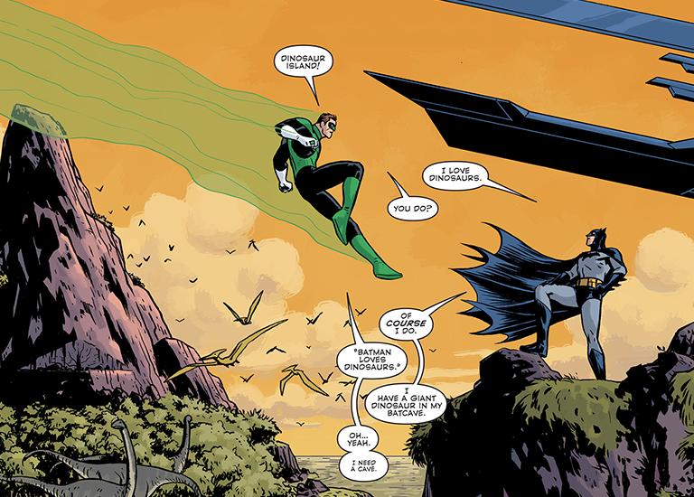 Batman and Green Lantern talking about dinosaurs